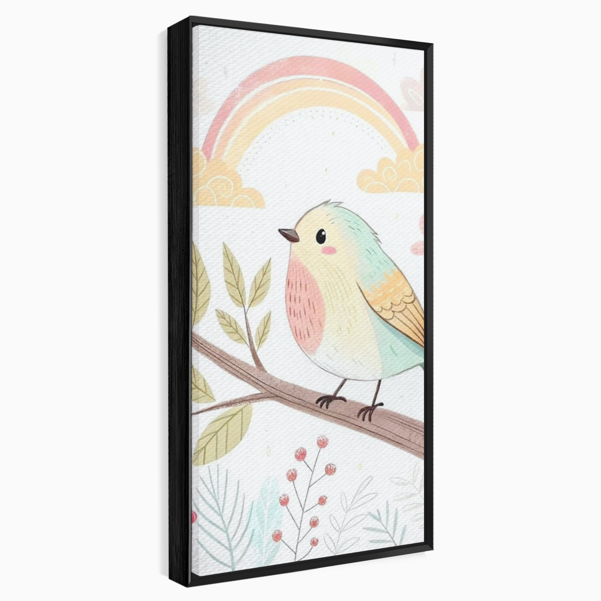 Tablou canvas cu tablou canvas cu pasare pe ramura, in rama de aluminiu negru